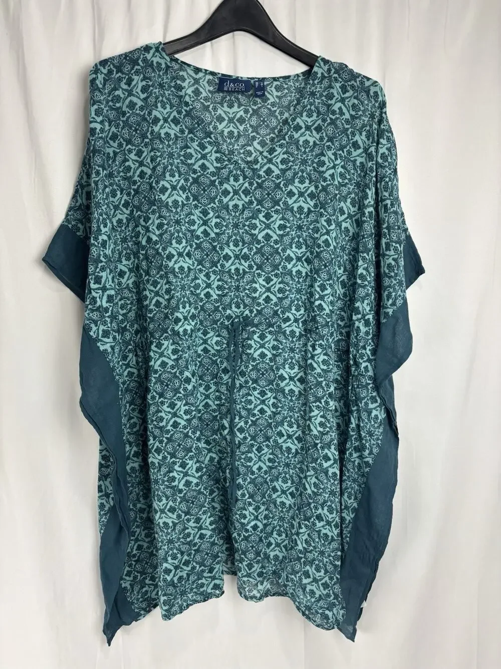 Denim & Co. Beach Printed Caftan Cover-Up Cinched Waist Teal Size M Beach Resort